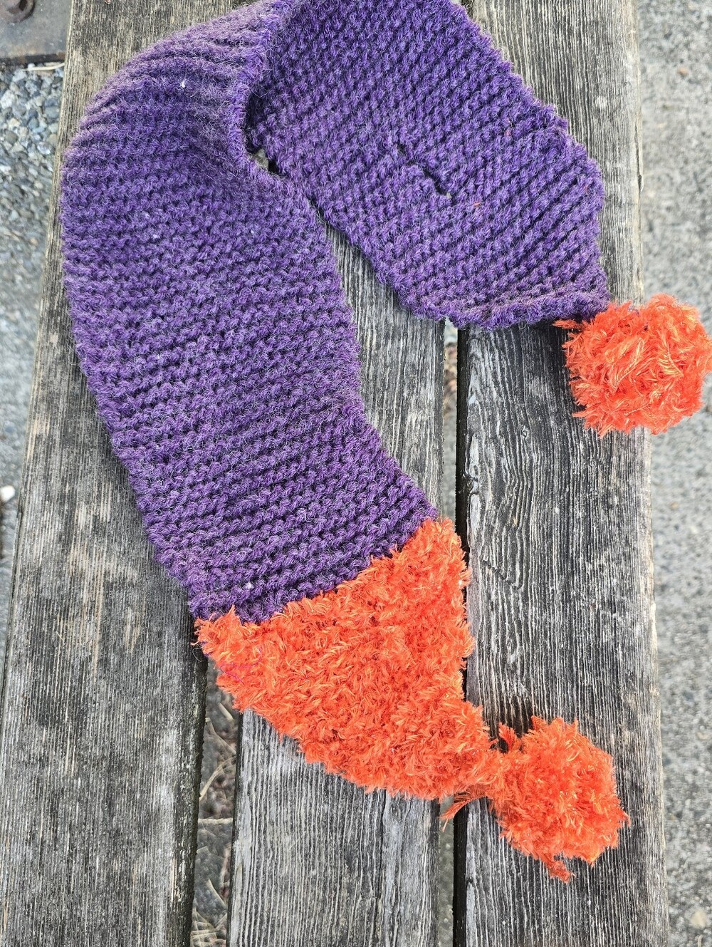 Handmade Crochet Scarf with Pom-Poms – Purple and Orange Winter Neck Scarf